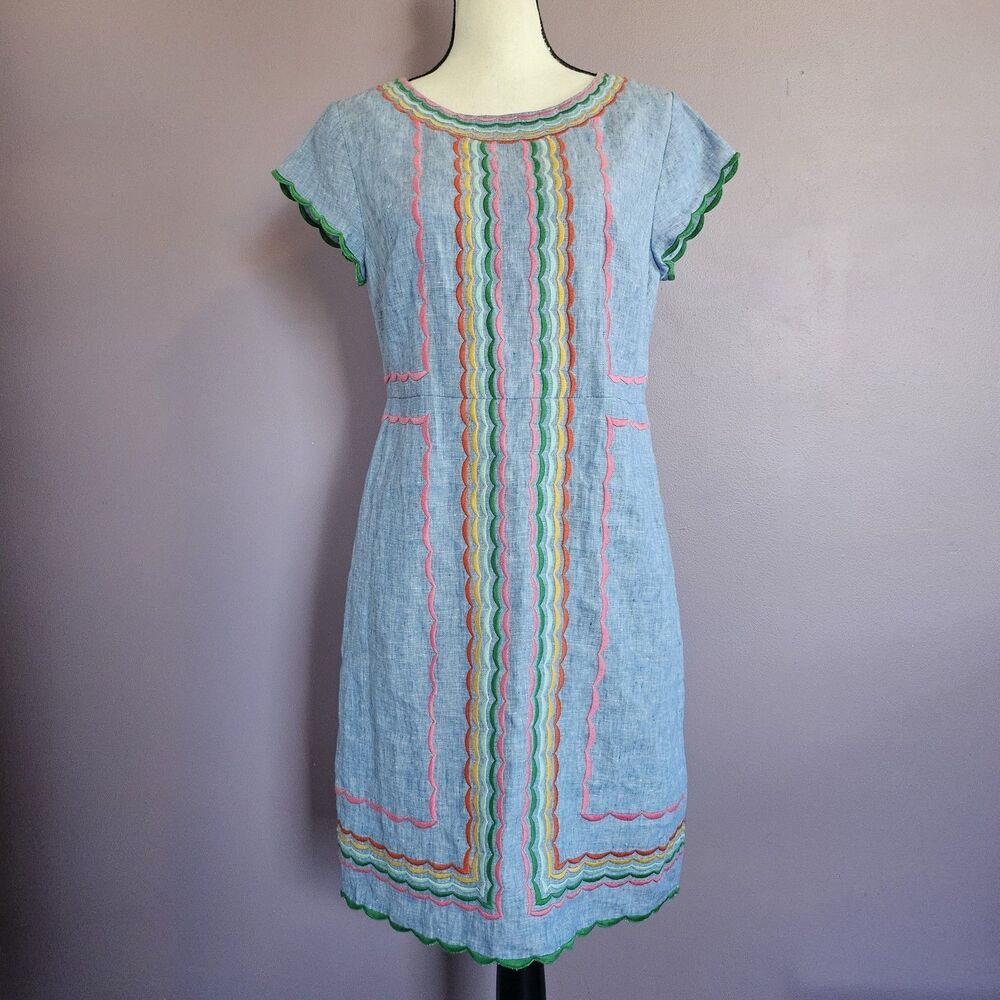 Boden 100% Linen Chambray Laura Embroidered Fiesta Folk Boho Summer Dress - Picture 4 of 13